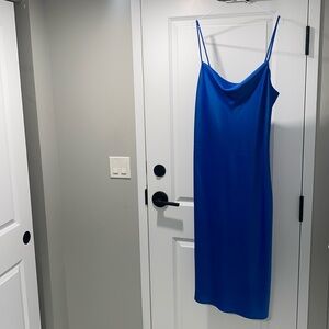 Blue Satin Cowl Neck Slip Dress